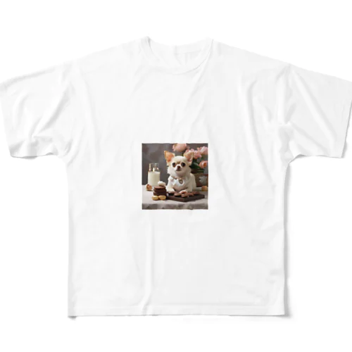 ふわふわのチワワがキャンドルの灯りに癒やされる時間 All-Over Print T-Shirt