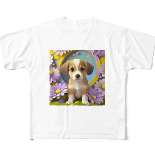 陽気な子犬と春の花々 All-Over Print T-Shirt