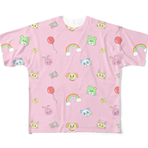 ゆるゆるアニマル総柄さんピンク All-Over Print T-Shirt