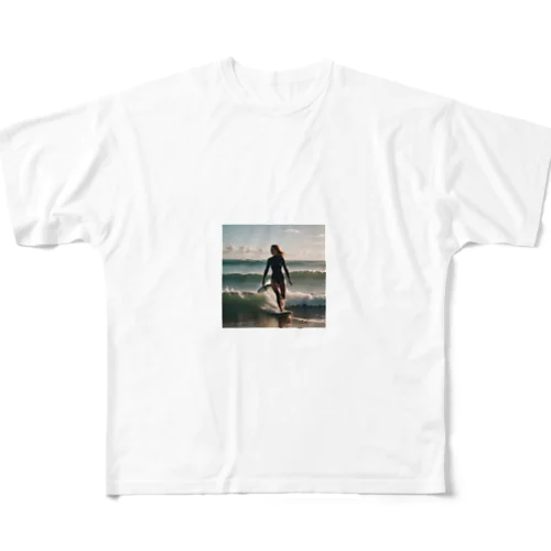 美女とサーフィン フルグラフィックTシャツ