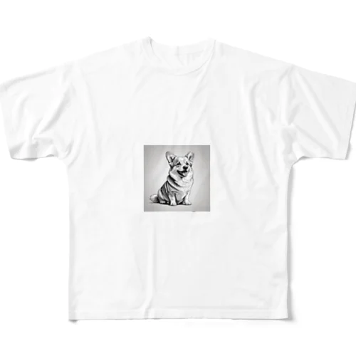 モノクロ絵コーギー（わんちゃん） フルグラフィックTシャツ