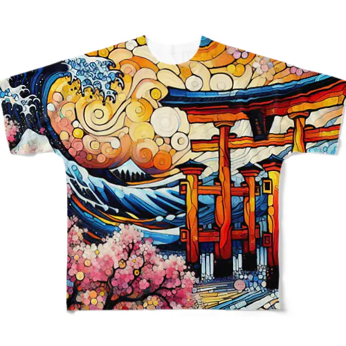 鳥居と桜 フルグラフィックTシャツ