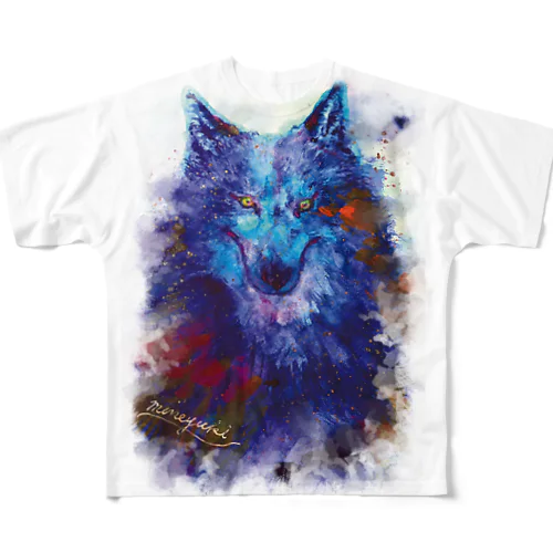 Watercolor Wolf -Winter magic- フルグラフィックTシャツ