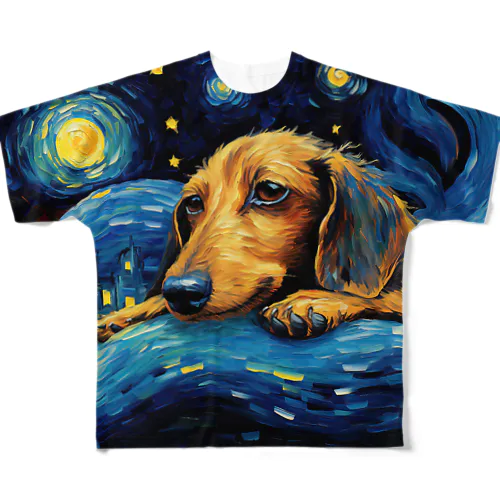 【星降る夜 - ダックスフンド犬の子犬 No.2】 フルグラフィックTシャツ