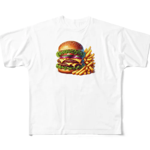 巨大ハンバーガー&サクサクポテト フルグラフィックTシャツ