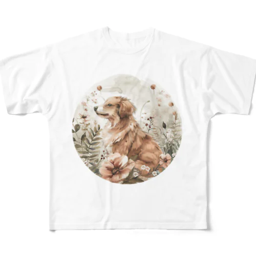 愛らしい花とキュートな犬 All-Over Print T-Shirt