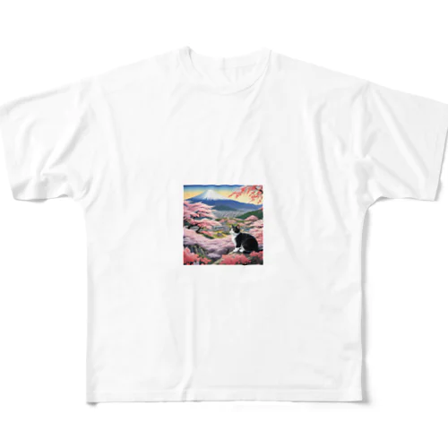 桜と富士山と猫 All-Over Print T-Shirt