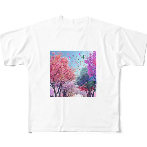 自然の美しい木々と鳥　なでしこ1478 All-Over Print T-Shirt