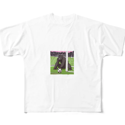サッカーでゴールを守る白黒のゴリラ All-Over Print T-Shirt