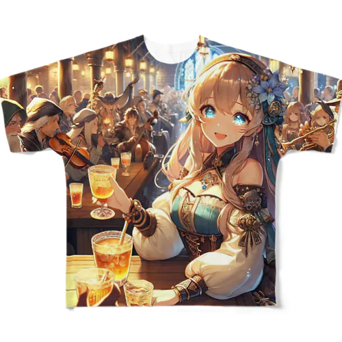 中世ファンタジー美少女の大冒険 酒場と楽器演奏 All-Over Print T-Shirt