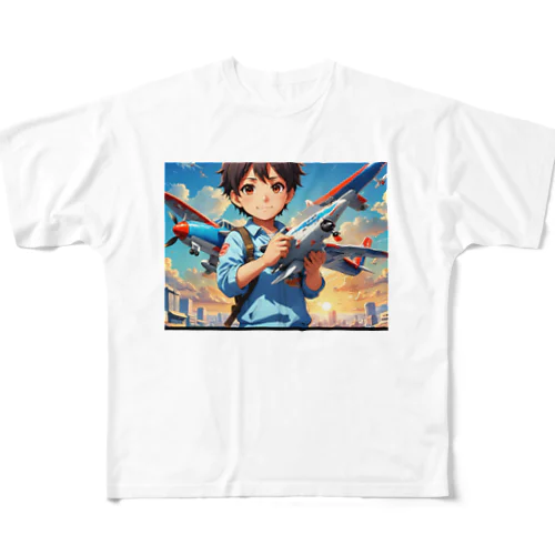 空を駆けるかっこいい飛行機模型を手にした子供 All-Over Print T-Shirt