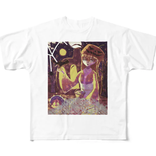 ハロウィンを楽しむ和服女性 フルグラフィックTシャツ