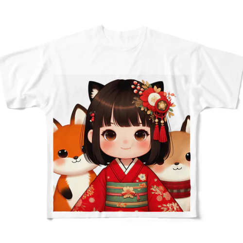 狐娘とかわいい狐 フルグラフィックTシャツ