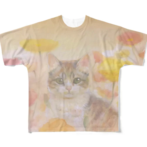 子猫と花 フルグラフィックTシャツ
