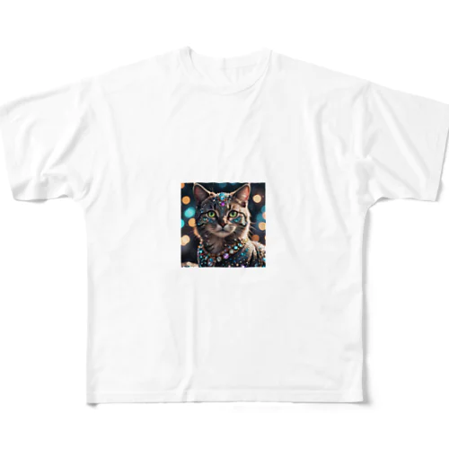 ラメ猫 フルグラフィックTシャツ