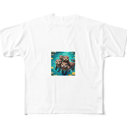 水遊びする親子カワウソ All-Over Print T-Shirt