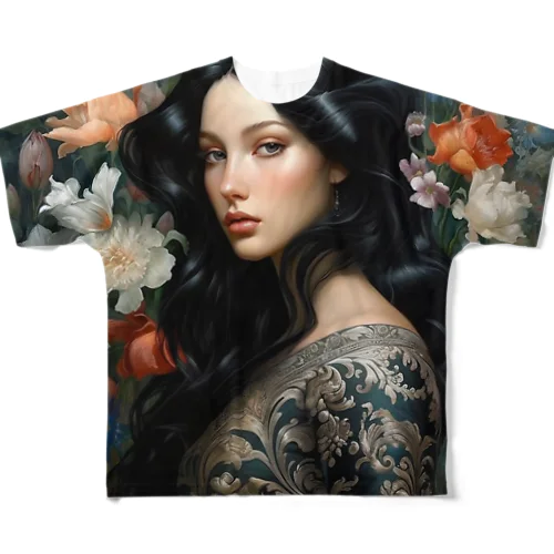 いろ色な、花に囲まれている女性　なでしこ1478 フルグラフィックTシャツ