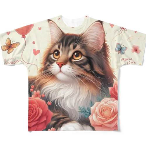 猫と薔薇 All-Over Print T-Shirt