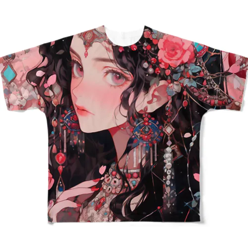 バラの髪飾りをする女性　なでしこ1478 All-Over Print T-Shirt