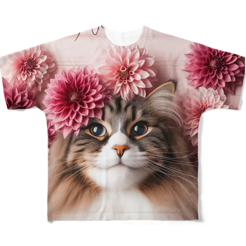 猫とダリア All-Over Print T-Shirt