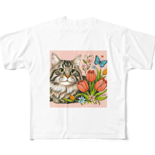 猫とチューリップ フルグラフィックTシャツ