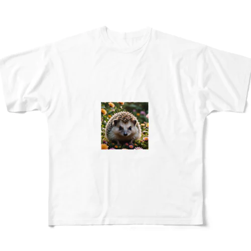 お花に囲まれるハリネズミ（ハリー君） All-Over Print T-Shirt