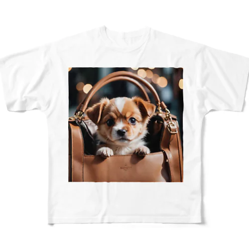 バッグに入った犬 フルグラフィックTシャツ