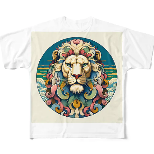 浮世絵風　ライオン（顔）"Ukiyo-e style lion (face)."  "浮世繪風格的獅子（臉）。" フルグラフィックTシャツ