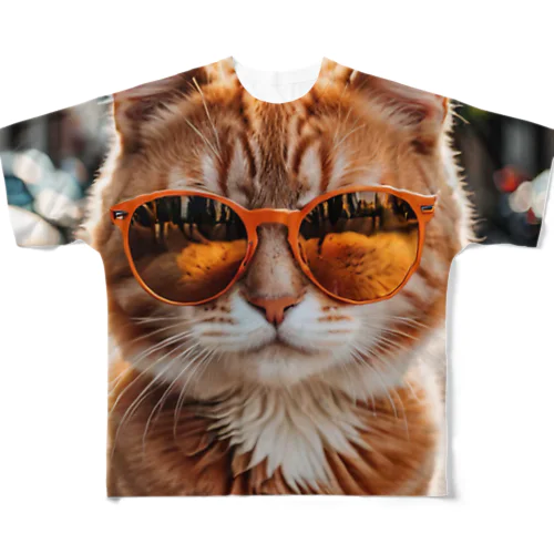 オレンジサングラスをかけた愛らしい猫ちゃん フルグラフィックTシャツ