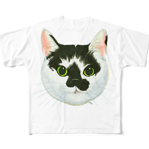 ねこさんのお顔（白黒ねこ） フルグラフィックTシャツ