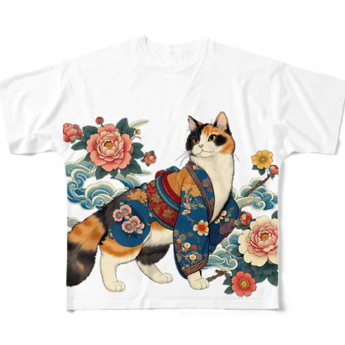 猫LOVE items 三毛猫　着物牡丹 All-Over Print T-Shirt