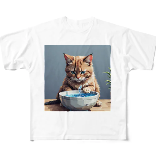 水を飲んでいる猫 All-Over Print T-Shirt