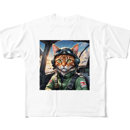 パイロット猫 フルグラフィックTシャツ