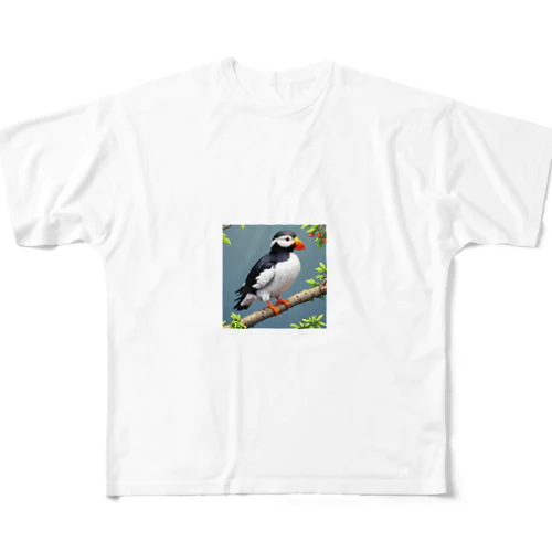 枝に止まるツノメドリ All-Over Print T-Shirt