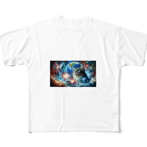 宇宙と一体化猫 フルグラフィックTシャツ