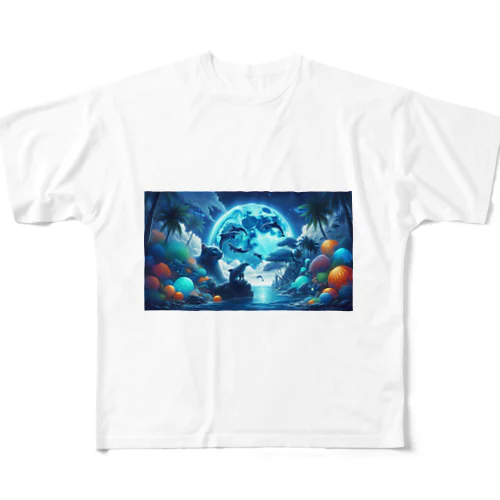 月を見る猫イルカと共に All-Over Print T-Shirt