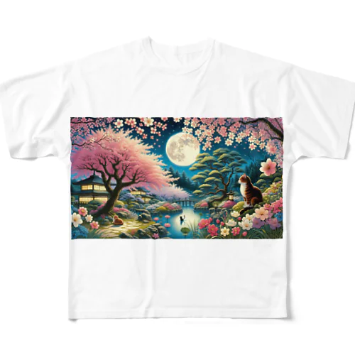 夜桜と猫 All-Over Print T-Shirt