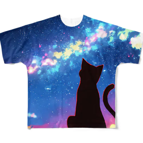 風景_星空と猫001 フルグラフィックTシャツ