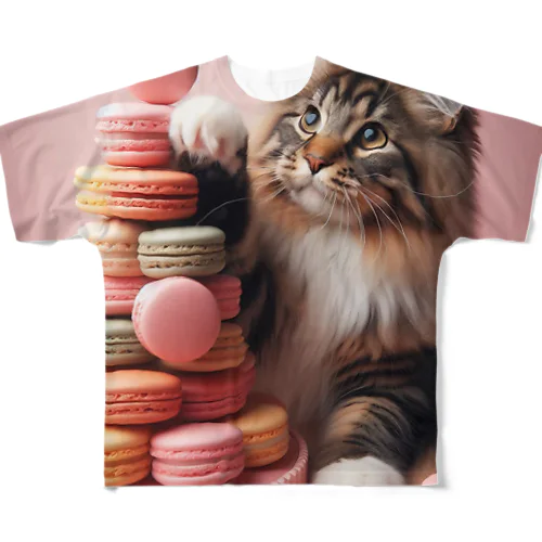 猫とマカロン フルグラフィックTシャツ