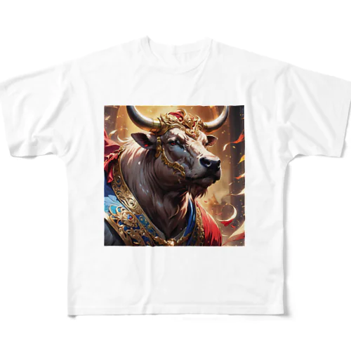 牛の絵　力強く王者のような風格を醸し出しています。 フルグラフィックTシャツ