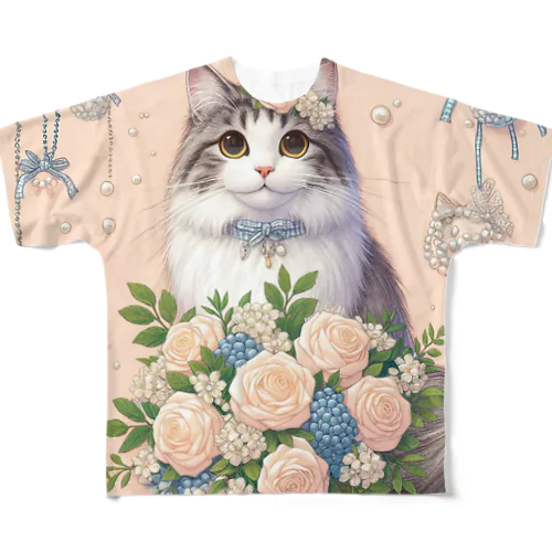 猫と薔薇　パールver. All-Over Print T-Shirt