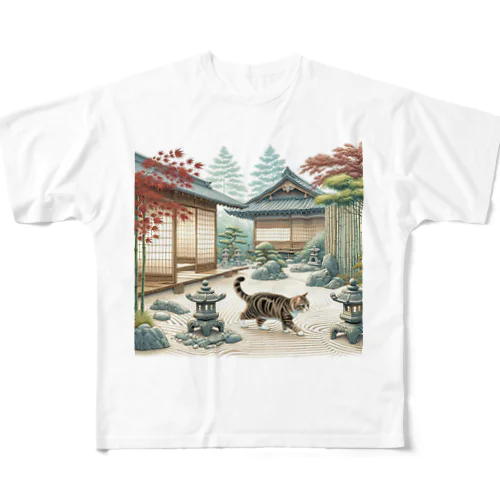 和紋様 x 猫　日本庭園を探索する猫 All-Over Print T-Shirt