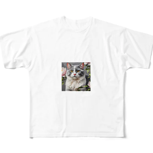 ピオニーと猫 All-Over Print T-Shirt