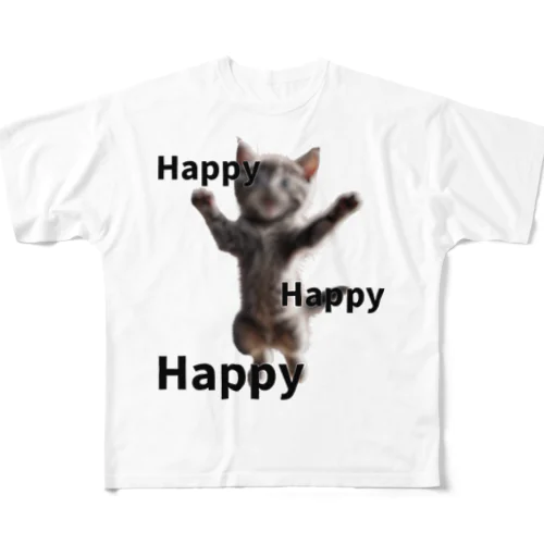 ハッピーハッピーハッピー猫ミーム フルグラフィックTシャツ