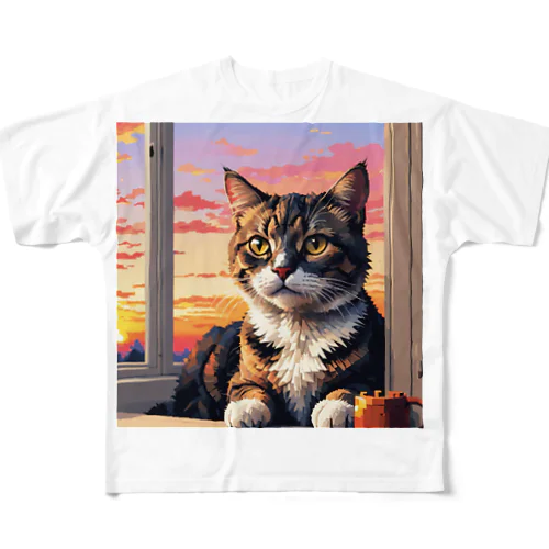 夕日と猫 フルグラフィックTシャツ
