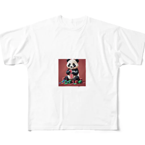 ポーカーをするパンダは、愛らしい姿でチップを扱う。 フルグラフィックTシャツ