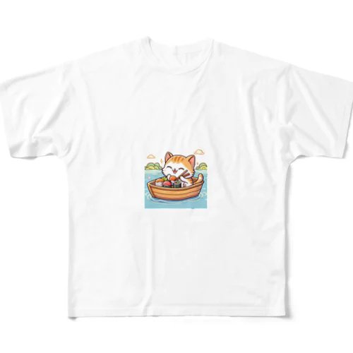 子猫が船で美味しいお魚食べたよ フルグラフィックTシャツ