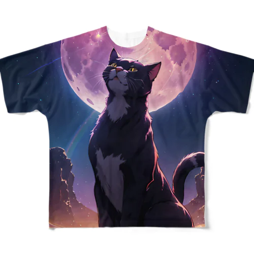 暁月夜のハチワレ猫 フルグラフィックTシャツ