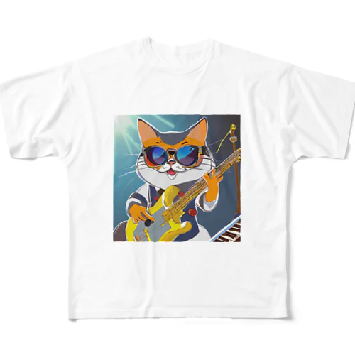 ベーシストな猫 フルグラフィックTシャツ