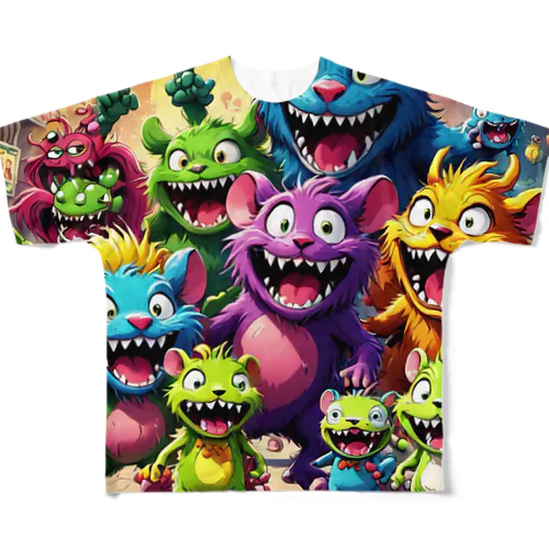 モンスターの親子が笑顔で楽しそうに遊んでいる風景 All-Over Print T-Shirt